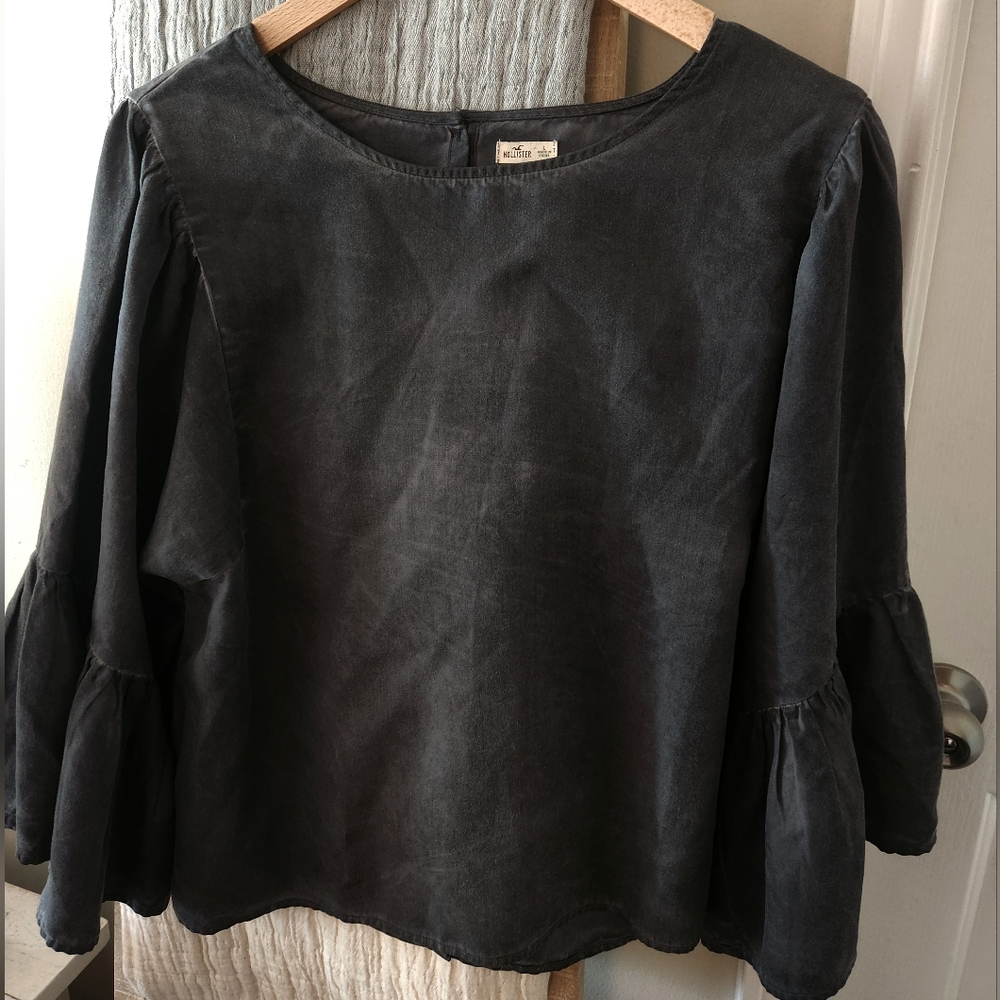 Hollister Washed Dark Grey Bell Sleeve Top